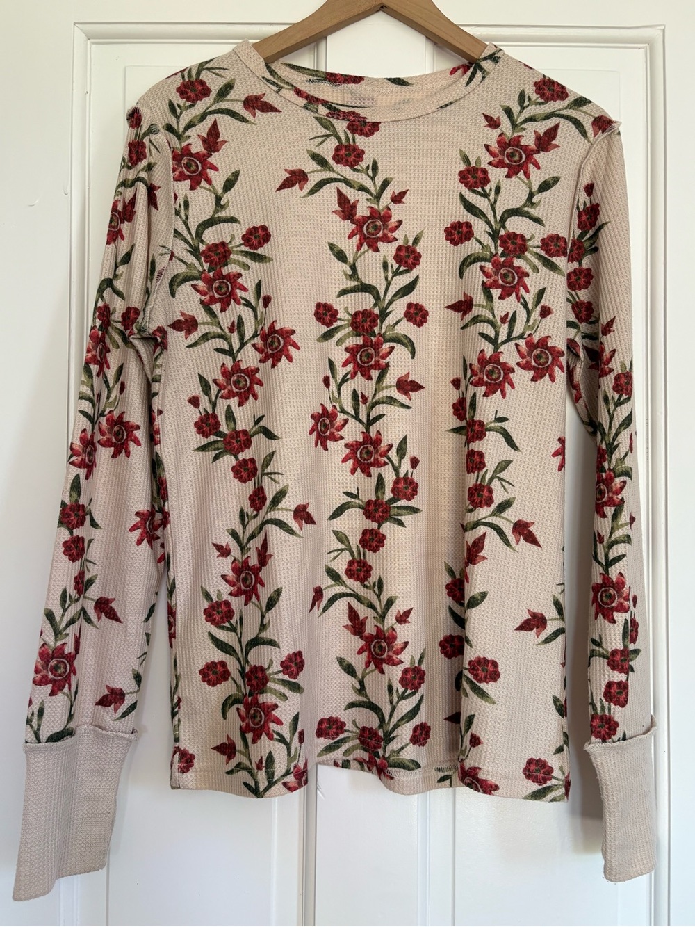 Floral Thermal Long Sleeve Women's Waffle Knit Pullover Beige/Red Cottagecore M